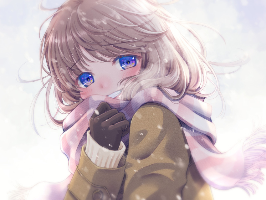 1girl, blue_eyes, blush, breath, brown_hair, coat, commentary_request, enpera