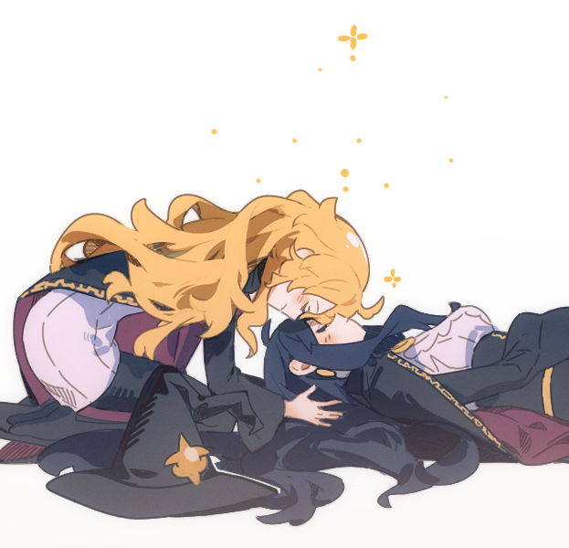 2girls, affectionate, ahoge, aqi_(19559573), aunt_and_niece, black_hair, blonde_hair, blush