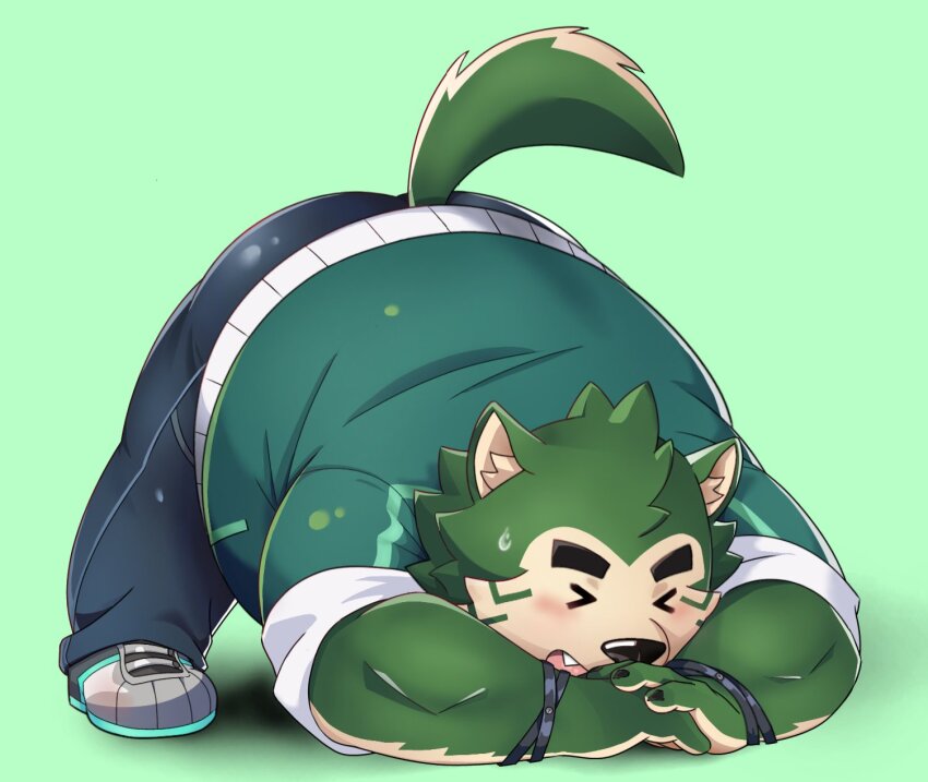 >_<, 1boy, animal_ear_fluff, animal_ears, bara, bent_over, black_pants, blush