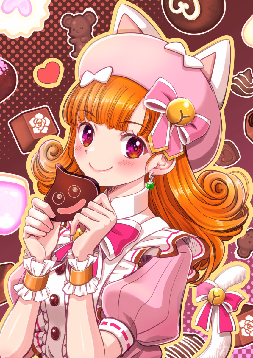 1girl, alena_(dq4), animal_hat, blush, bow, bowtie, brown_eyes, cat_hat