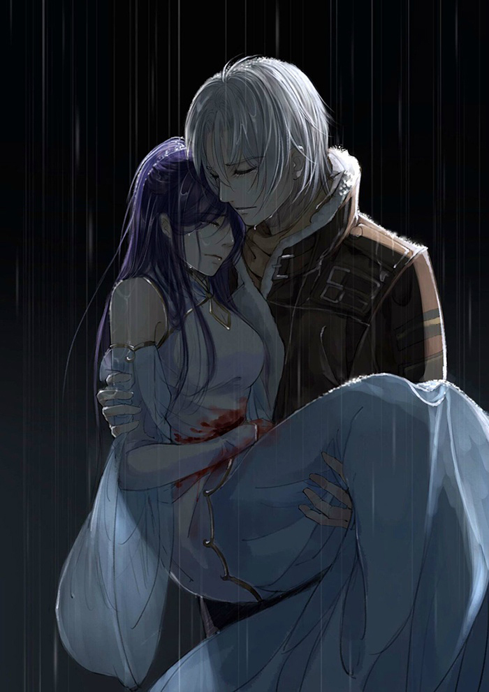1boy, 1girl, bare_shoulders, black_background, blood, blood_on_clothes, blue_dress, blue_sleeves