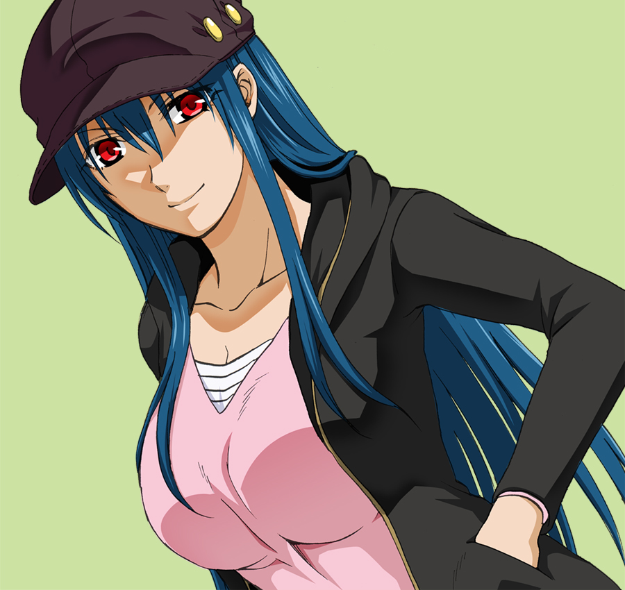 1girl, beret, blue_hair, breasts, diamond_cut_diamond, female_focus, hand_in_pocket, hat