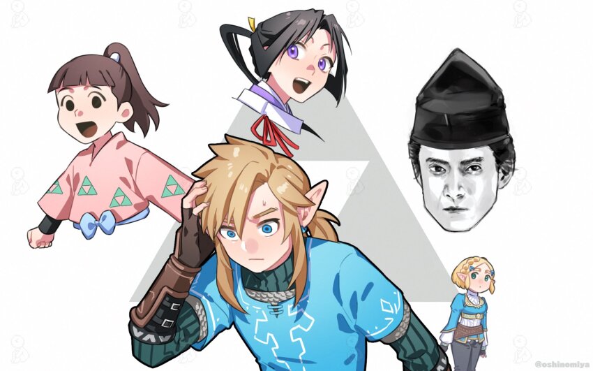 1girl, 4boys, black_eyes, black_hair, blonde_hair, blue_eyes, bow, brown_hair, champion's_tunic_(zelda), clenched_hand, confused, crest, family_crest, greyscale, hand_in_own_hair, high_ponytail, highres, houjou_tokiyuki_(nige_jouzu_no_wakagimi), houjou_yasutoki_(kamakura-dono_no_13-nin), japanese_clothes, kamakura-dono_no_13-nin, link, monochrome, multiple_boys, nige_jouzu_no_wakagimi, nintendo, open_mouth, oshinomiya, pink_shirt, ponytail, princess_zelda, purple_eyes, rakudai_ninja_rantarou, sasayama_heidayuu, shirt, simple_background, the_legend_of_zelda, the_legend_of_zelda:_tears_of_the_kingdom, topknot, trait_connection, triforce, tunic, upper_body, white_background