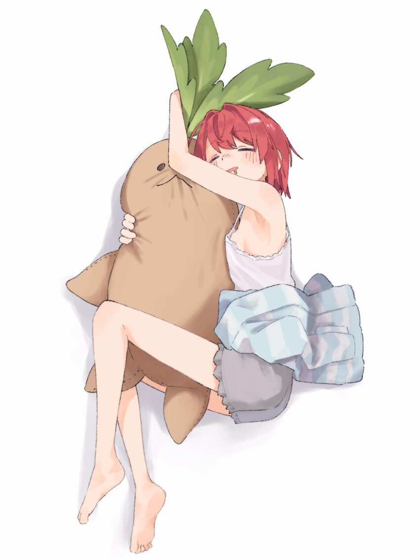 1girl, absurdres, ange_katrina, ange_katrina_(loungewear), armpits, bare_arms, bare_legs, bare_shoulders, barefoot, blue_jacket, blush, breast_press, breasts, camisole, closed_eyes, dot_nose, drooling, from_above, full_body, grey_shorts, hair_intakes, hashtag-only_commentary, highres, hugging_object, jacket, lying, mandragora_(ange_katrina), mouth_drool, nanoni!, nijisanji, nose_blush, on_side, open_mouth, red_hair, short_hair, short_shorts, shorts, sideboob, simple_background, sleeping, small_breasts, solo, striped_clothes, striped_jacket, stuffed_toy, unworn_jacket, virtual_youtuber, white_background, white_camisole