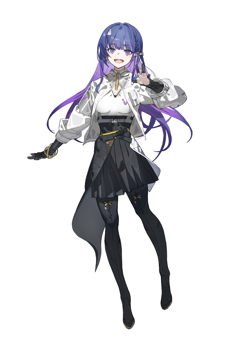 1girl, alternate_costume, belt, bodysuit, boots, bracelet, breasts, cropped_jacket, hair_ornament, hair_ribbon, high-waist_skirt, high_heel_boots, high_heels, highres, idolmaster, idolmaster_va-liv, jewelry, kamizuru_cosmo, long_hair, medium_breasts, neco, outstretched_hand, purple_hair, ribbon, skirt, standing, synduality, synduality_echo_of_ada, thigh_boots, triangle_hair_ornament, virtual_youtuber