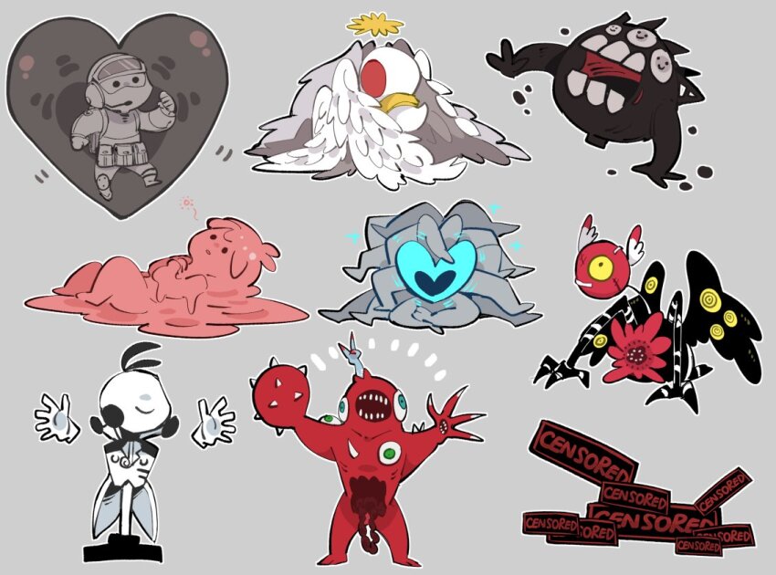 1girl, 3others, apocalypse_bird, arms_up, army_in_black, bird, blue_star, censored, censored_(project_moon), chibi, chibi_only, claws, closed_mouth, colored_skin, disembodied_hand, extra_eyes, gloves, grey_background, helmet, intestines, lobotomy_corporation, melting_love, monster, monster_focus, mountain_of_smiling_bodies, multiple_others, nothing_there, pink_hair, pink_skin, project_moon, sabaage, simple_background, smile, soldier, the_silent_orchestra, white_gloves, white_skin, whitenight_(project_moon)