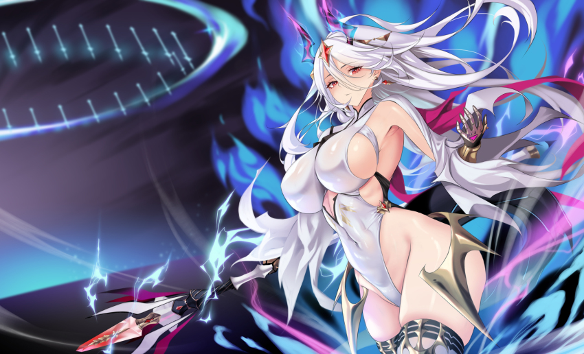 1girl, blue_fire, blurry, blurry_background, breasts, bright_pupils, covered_navel, earrings