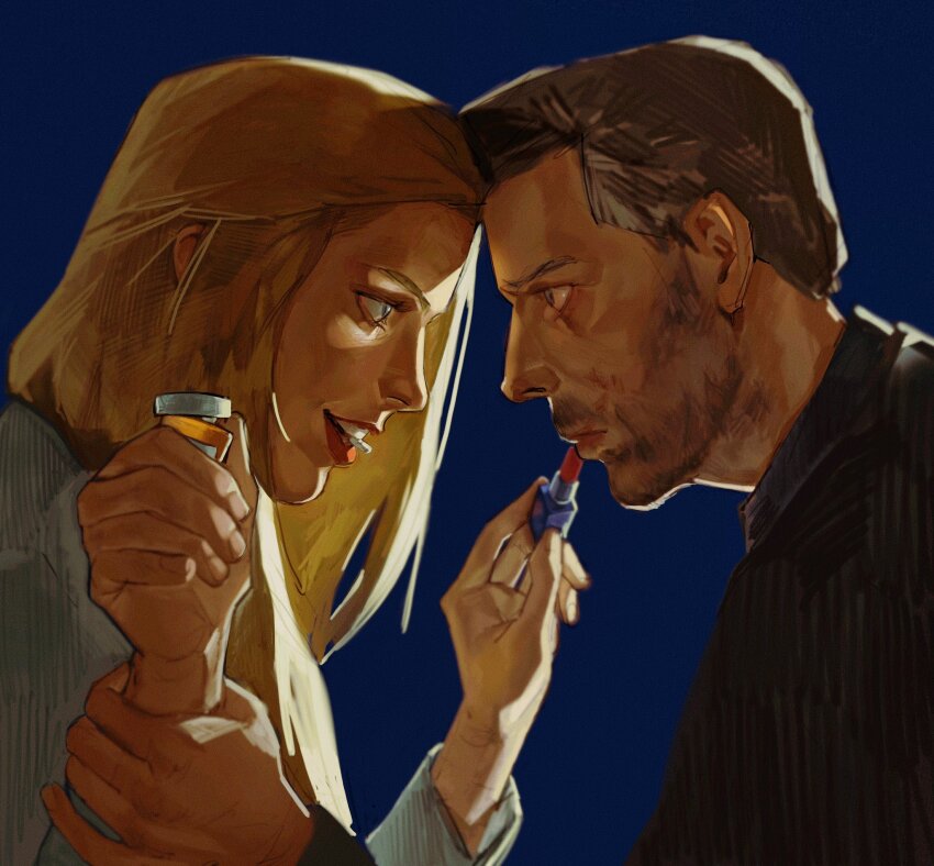 1boy, 1girl, blonde_hair, blue_background, facial_hair, gregory_house, grey_hair, highres, house_m.d., lipstick, looking_at_another, makeup, medicine, medicine_bottle, noreamea, old, old_man, simple_background