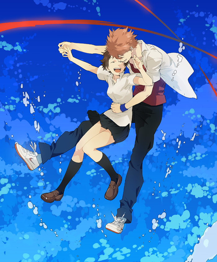 00s, 1boy, 1girl, black_hair, brown_hair, couple, closed_eyes, falling