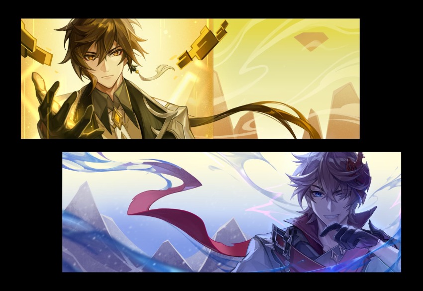 2boys, coaldragon, genshin_impact, geokinesis, highres, looking_at_viewer, multiple_boys, one_eye_closed