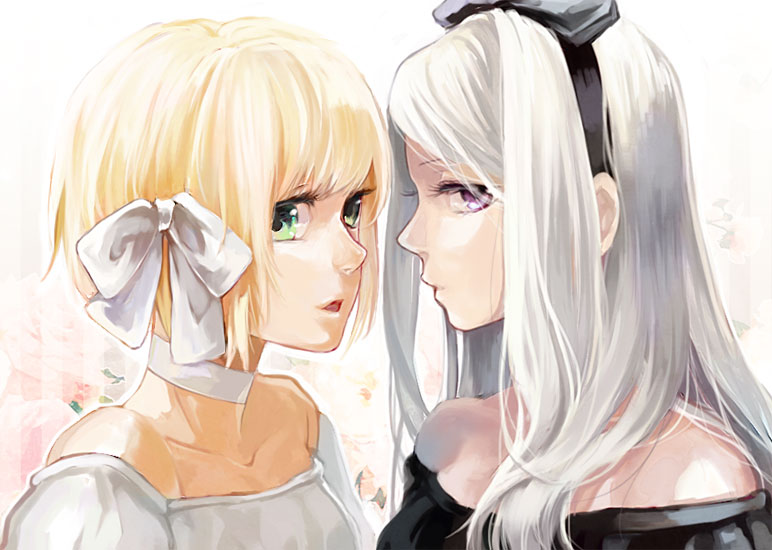 2girls, axis_powers_hetalia, bad_id, bad_pixiv_id, bare_shoulders, belarus_(hetalia), blonde_hair, bow, choker, eyelashes, green_eyes, hair_bow, hair_ornament, liechtenstein_(hetalia), long_hair, madoi_shiro, multiple_girls, open_mouth, purple_eyes, short_hair, white_hair, yuri