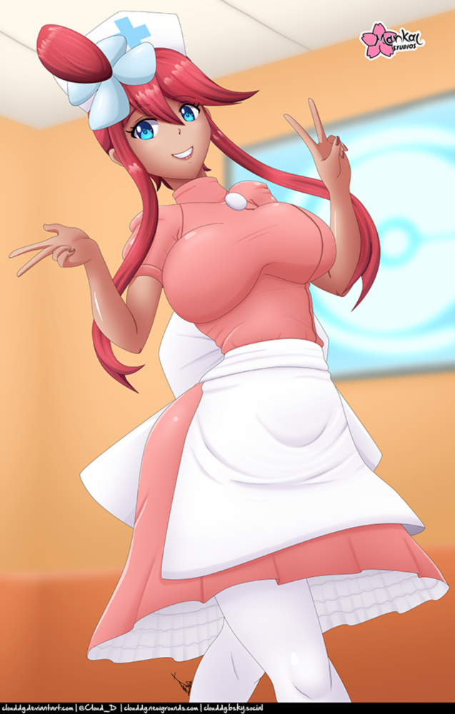 1girl, apron, blue_eyes, breasts, cloud_dg, cosplay, dark-skinned_female, dark_skin, double_v, joy_(pokemon), large_breasts, nintendo, nurse, nurse_joy_(cosplay), pokemon, pokemon_black_and_white, red_hair, short_sleeves, skyla_(pokemon), v