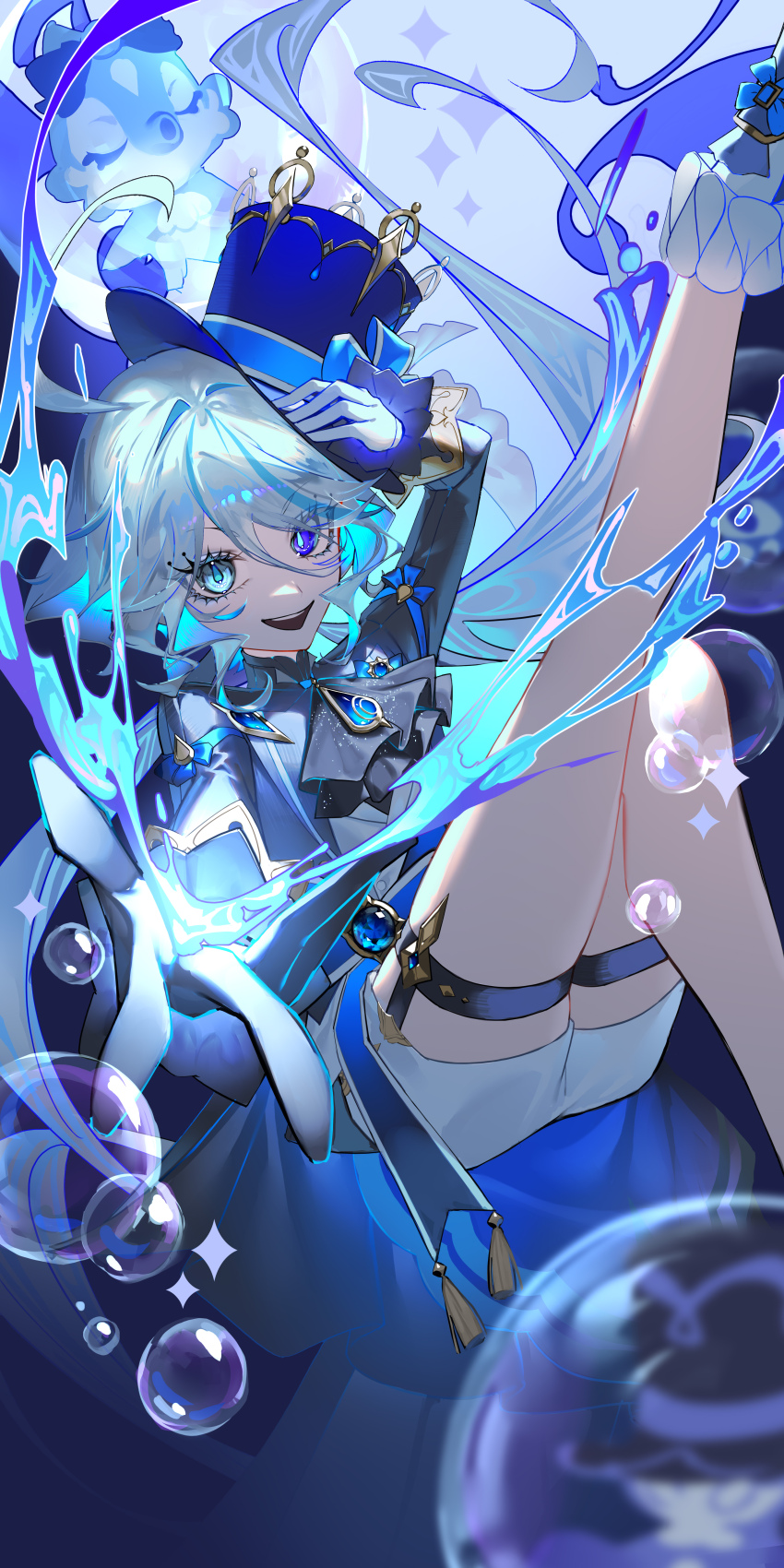 1girl, absurdres, ahoge, ascot, black_ascot, blue_eyes, blue_gem, blue_hair