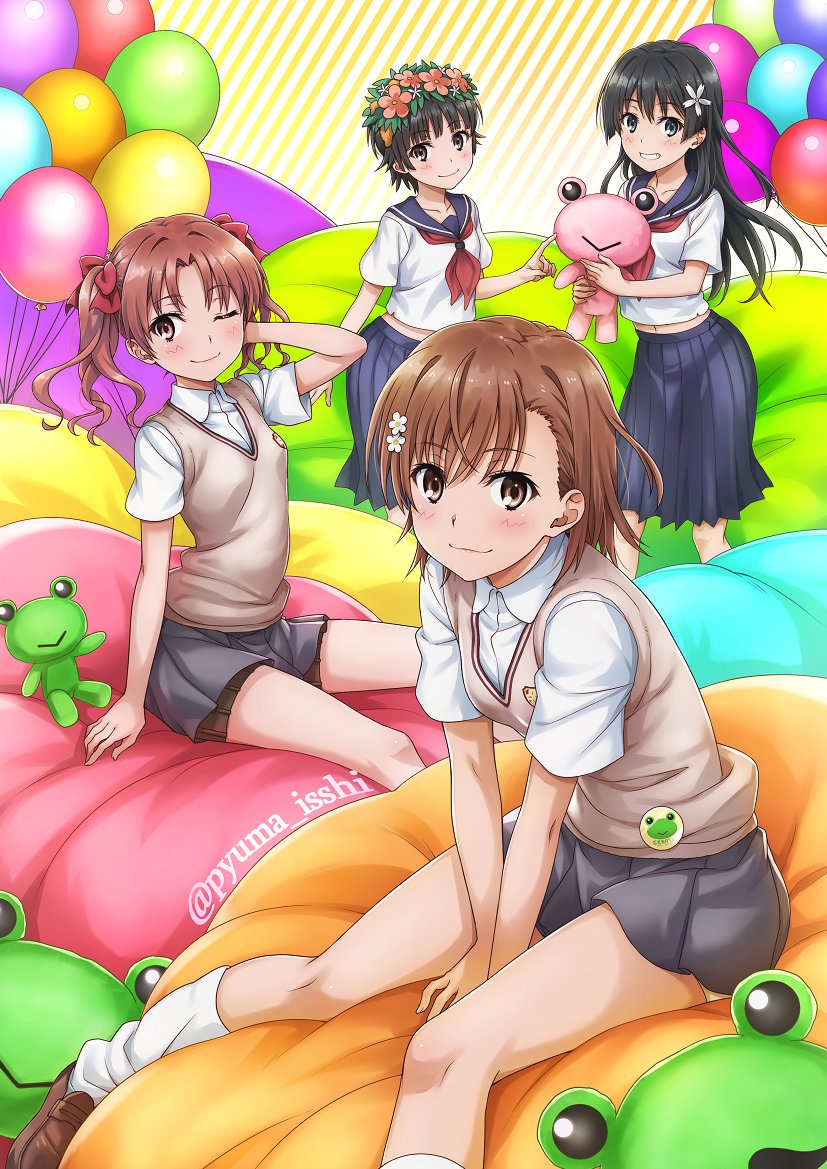 4girls, :3, arms_between_legs, balloon, bean_bag_chair, black_hair, blue_eyes, blue_sailor_collar