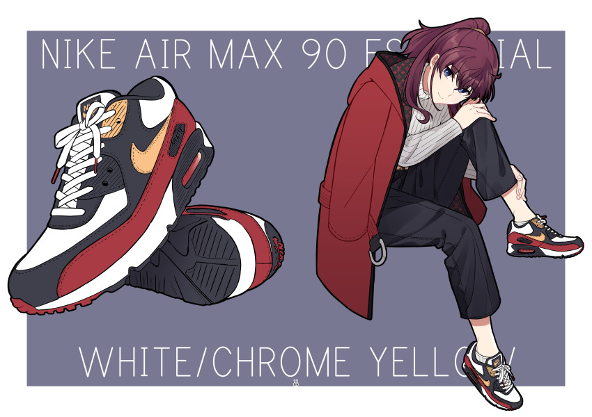 1girl, absurdres, air_max_90, black_pants, blue_eyes, border, casual, closed_mouth