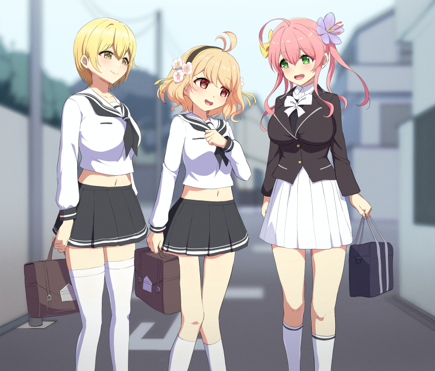 3girls, absurdres, apricot_(flower_knight_girl), black_hairband, black_jacket, black_neckerchief, black_sailor_collar, black_skirt