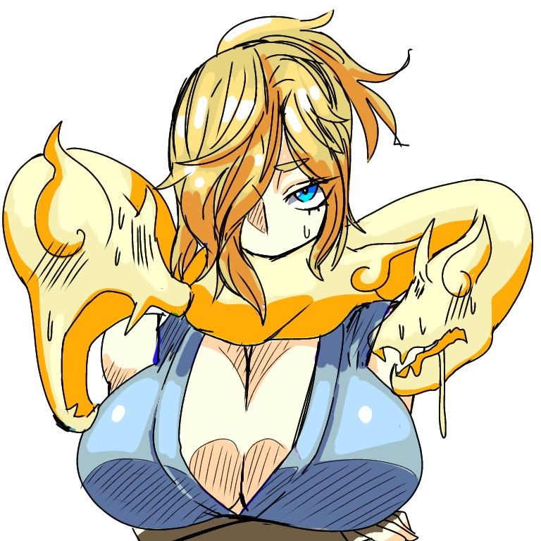 1girl, ?, animal_scarf, arms_under_breasts, bare_shoulders, blonde_hair, blue_eyes, blue_kimono, breasts, cleavage, covered_mouth, drooling, fingerless_gloves, genderswap, genderswap_(mtf), gloves, hair_over_one_eye, half-closed_eyes, hikariorochi, japanese_clothes, kamen_anagenishi, kimono, large_breasts, living_clothes, looking_at_viewer, motion_lines, ponytail, scarf, scarf_over_mouth, sentient_scarf, short_hair, solo, sweatdrop, yellow_scarf, youkai_(youkai_watch), youkai_watch
