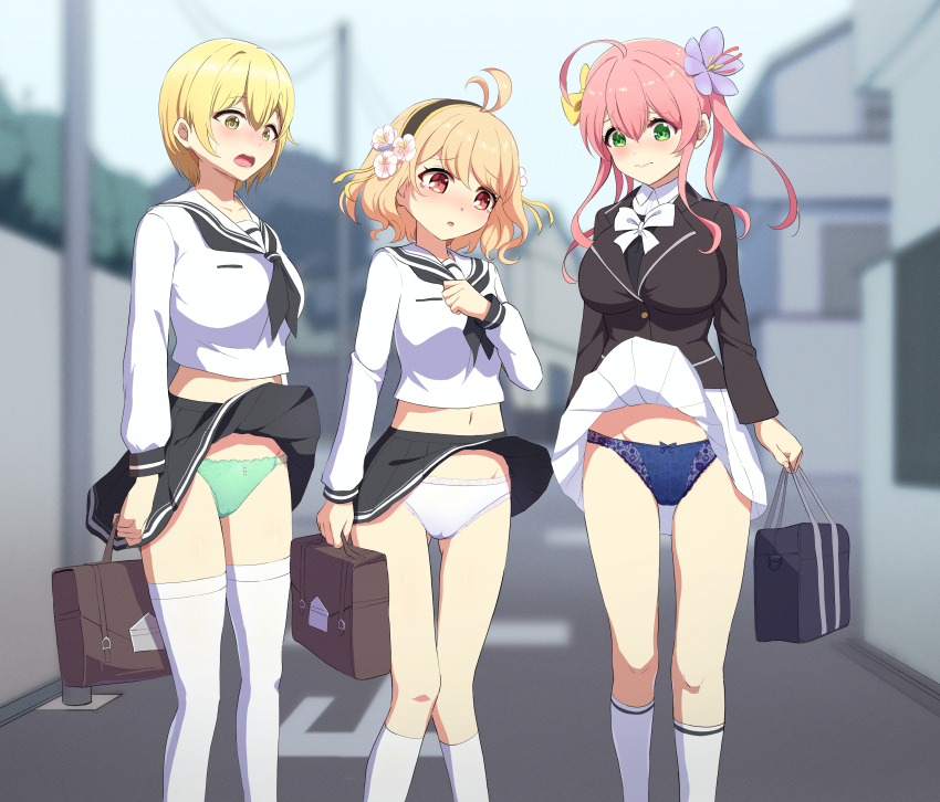 3girls, absurdres, apricot_(flower_knight_girl), black_hairband, black_jacket, black_neckerchief, black_sailor_collar, black_skirt, blonde_hair, blue_panties, blurry, blurry_background, blush, breasts, flower, flower_knight_girl, green_eyes, green_panties, hair_flower, hair_ornament, hairband, highres, jacket, large_breasts, long_hair, long_sleeves, looking_at_another, looking_down, medium_breasts, medium_hair, multiple_girls, navel, neckerchief, open_mouth, outdoors, panties, pink_hair, red_eyes, ribbon, saffron_(flower_knight_girl), sailor_collar, sakamata_(sakamata4), school_uniform, shirt, short_hair, skirt, socks, suiren_(flower_knight_girl), thighhighs, underwear, white_panties, white_ribbon, white_shirt, white_skirt, white_socks, white_thighhighs, wind, wind_lift, yellow_eyes