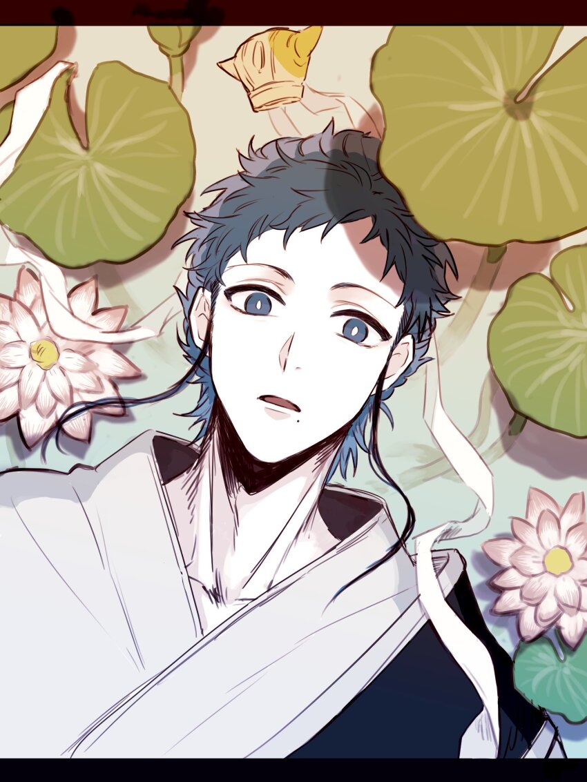 1boy, afloat, blue_eyes, blue_hair, chinese_clothes, flower, hanfu, highres