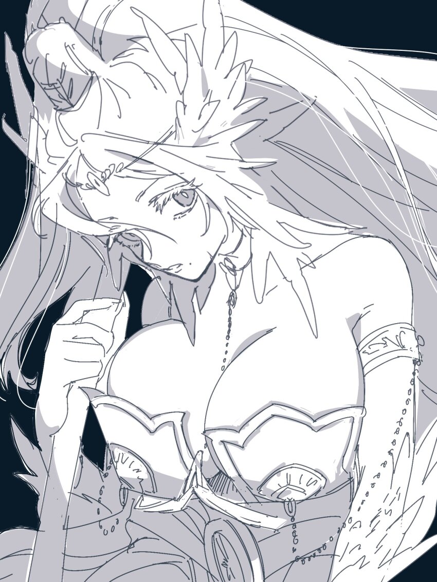 1girl, armlet, blue_background, breasts, cleavage, djinn_equip, greyscale, hat, highres, holding, holding_polearm, holding_weapon, jewelry, large_breasts, long_hair, magi_the_labyrinth_of_magic, mole, mole_under_mouth, monochrome, necklace, polearm, ren_hakuei, simple_background, sketch, solo, tiara, weapon, yosioppo