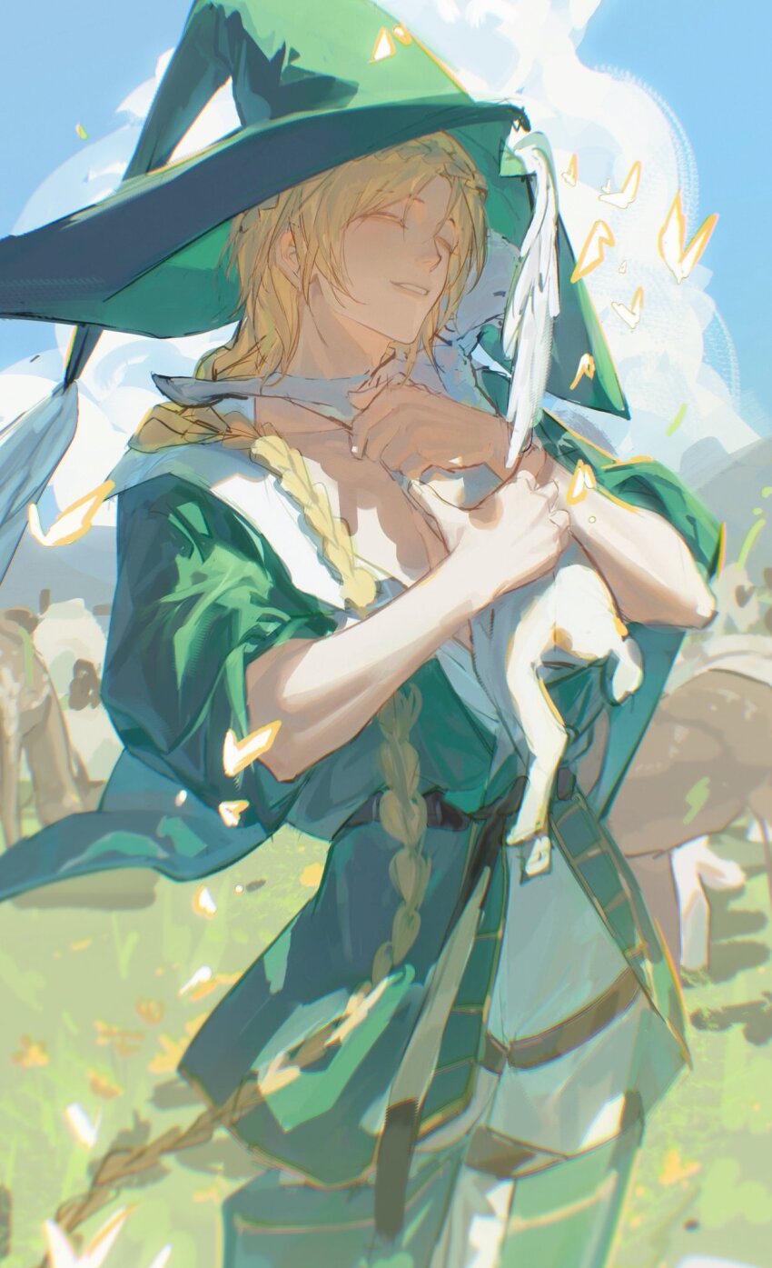 1boy, animal, animal_hug, baby_animal, blonde_hair, blue_sky, braid, braided_ponytail