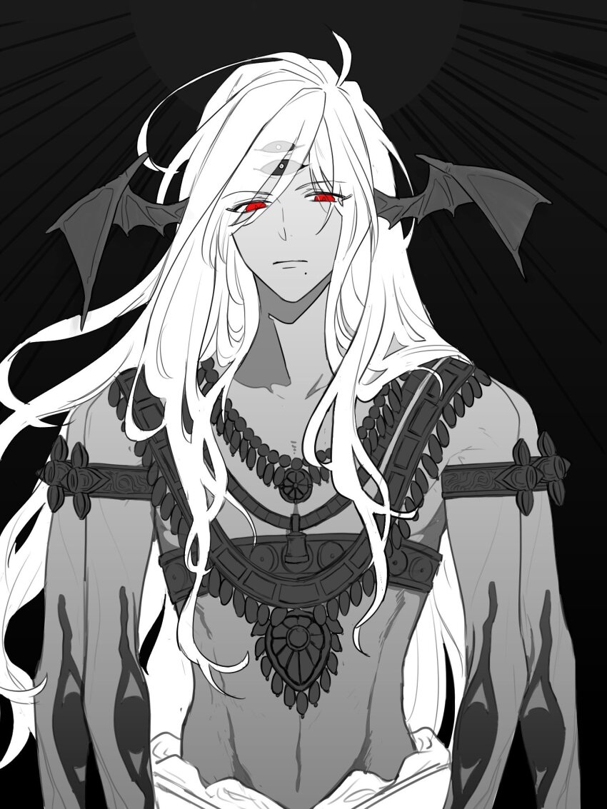 1boy, armlet, djinn_equip, extra_arms, extra_eyes, grey_background, greyscale, head_wings