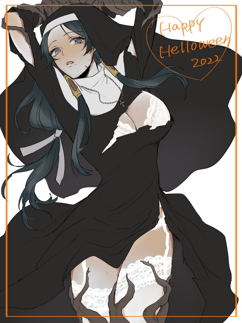 1girl, black_dress, blue_eyes, blue_hair, border, breasts, cleavage, coif