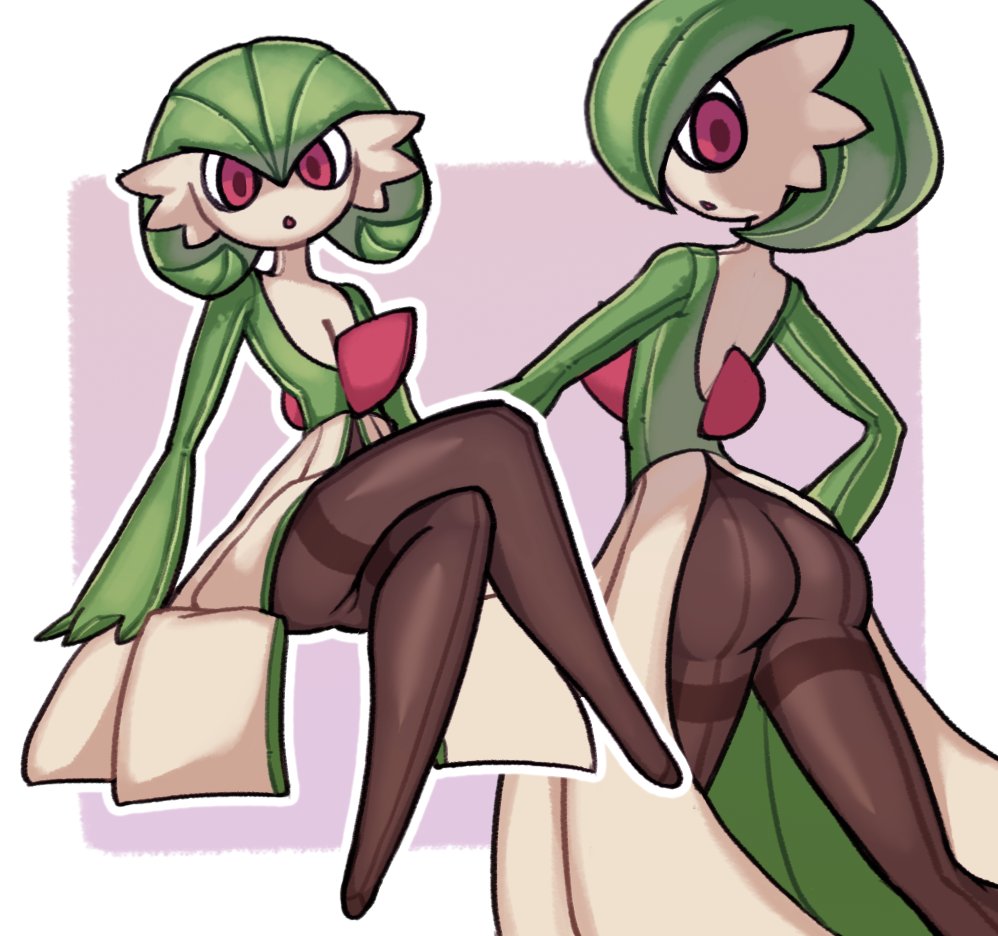 black_pantyhose, bob_cut, colored_skin, crossed_legs, dress, gardevoir, gen_3_pokemon, green_hair, green_skin, kurt_robinson, life-size_gardevoir_plush, multicolored_skin, nintendo, pantyhose, parted_lips, pink_eyes, pokemon, pokemon_(creature), sentient_stuffed_toy, simple_background, sitting, two-tone_skin, white_dress, white_skin