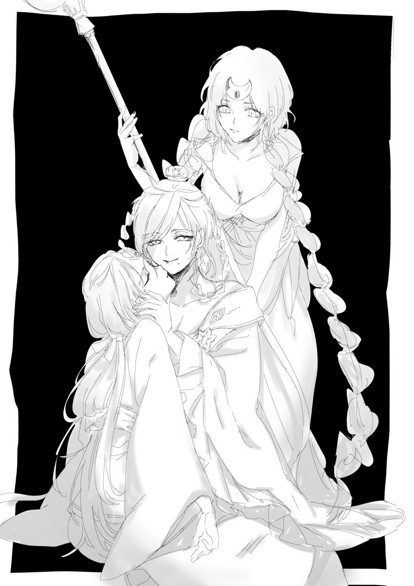 3girls, absurdres, arba_(magi), black_background, braid, braided_hair_rings, breasts, chinese_clothes