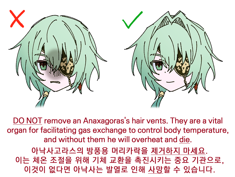 1boy, anaxa_(honkai:_star_rail), aqua_eyes, closed_mouth, disgust, do_not_remove_an_anime_girl's_hair_vents_(meme), english_text, eyepatch, grey_hair, hair_intakes, honkai:_star_rail, honkai_(series), korean_text, la_7_7_7, low_ponytail, meme, mixed-language_text, multilingual_text, multiple_views, open_mouth, ponytail, smile