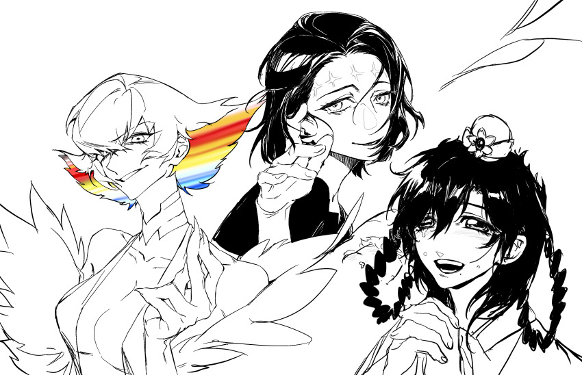 3girls, arba_(magi), blush, braid, braided_hair_rings, breasts, choker, cleavage, crossover, crying, hair_rings, highres, itadori_kaori, jujutsu_kaisen, kenjaku, kill_la_kill, kiryuuin_ragyou, large_breasts, looking_at_viewer, magi_the_labyrinth_of_magic, medium_hair, monochrome, multicolored_hair, multiple_crossover, multiple_girls, open_mouth, own_hands_together, possessed, possession, qing727786, rainbow_hair, ren_gyokuen, scar, scar_on_face, scar_on_forehead, short_hair, simple_background, smile, smirk, spot_color, trait_connection, white_background, xiao_guan_(headdress)