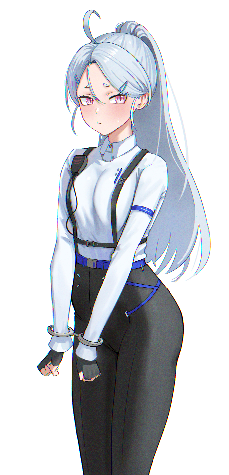 1girl, a5235, ahoge, belt, blue_belt, blush, bound, bound_wrists