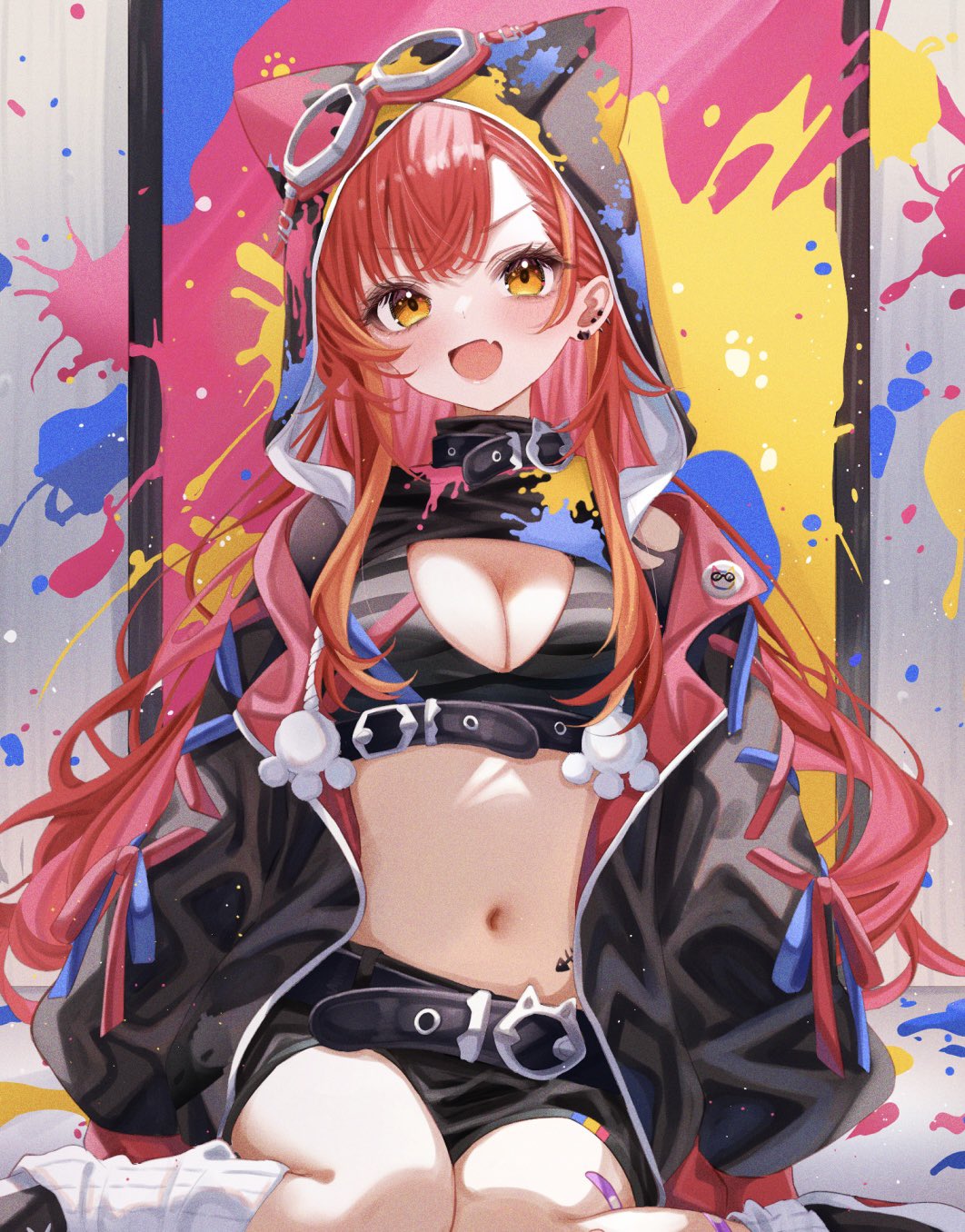 1girl, animal_ear_hood, animal_hood, asymmetrical_bangs, bandaid, bandaid_on_leg, belt, belt_collar