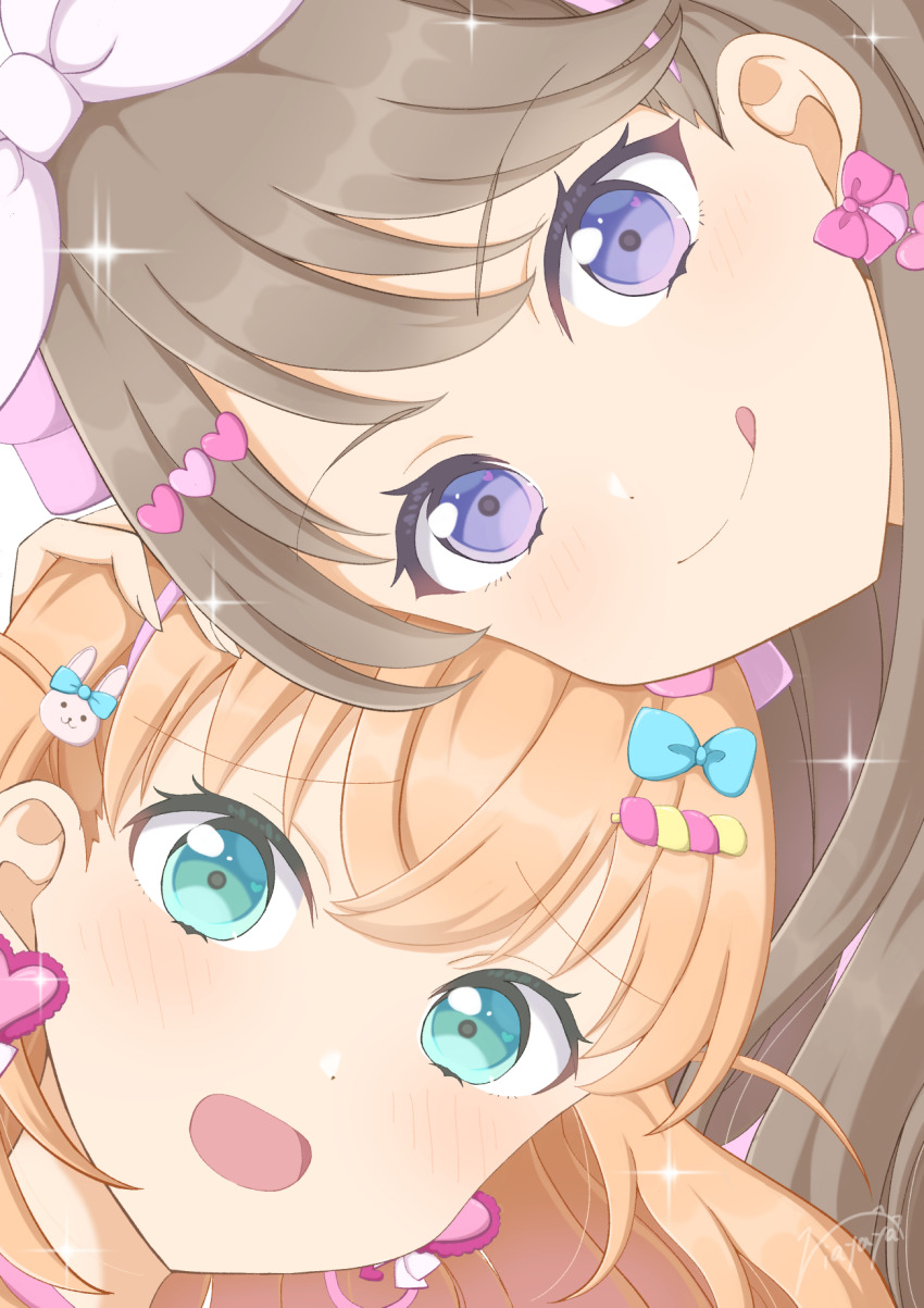 2girls, :q, aqua_eyes, blue_bow, blush, bow, bow_earrings, brown_hair