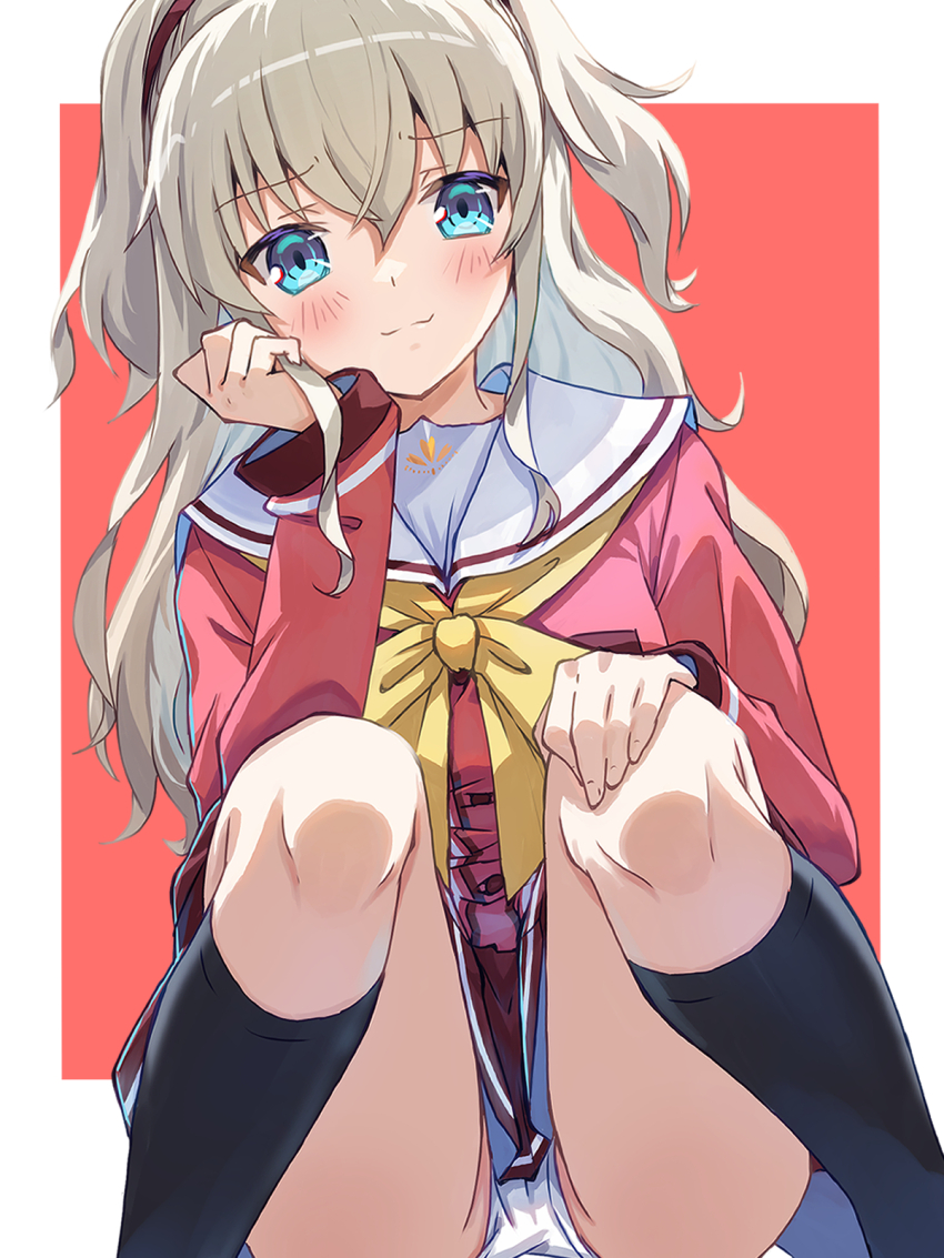1girl, :3, akayama_yukihe, black_socks, blue_eyes, blush, border, bow
