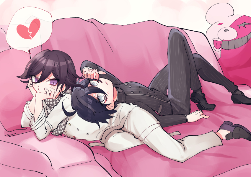 2boys, absurdres, ahoge, arm_belt, black_hair, blush, broken_heart, buttons, checkered_clothes, checkered_scarf, collared_jacket, commentary_request, couch, danganronpa_(series), danganronpa_v3:_killing_harmony, flipped_hair, full_body, hair_between_eyes, hands_on_own_face, heart, highres, jacket, knee_up, long_sleeves, lying, male_focus, miska_(roromu32936), monokuma, multiple_boys, oma_kokichi, on_back, on_couch, on_side, open_mouth, pants, pink_theme, pout, purple_eyes, purple_hair, saihara_shuichi, scarf, short_hair, speech_bubble, spoken_heart, striped_clothes, striped_jacket, striped_pants, thigh_strap, two-tone_scarf, yaoi