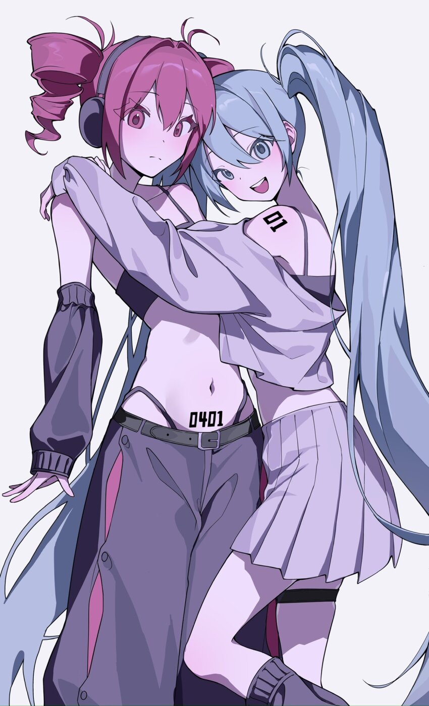 2girls, aqua_eyes, aqua_hair, arm_tattoo, arm_warmers, belt, black_arm_warmers, black_belt, black_bra, blue_jacket, bra, closed_mouth, cropped_jacket, expressionless, grey_leg_warmers, grey_pants, hair_between_eyes, hatsune_miku, high-waist_pants, highres, hug, jacket, kasane_teto, leg_warmers, long_hair, long_sleeves, looking_at_viewer, multiple_girls, off_shoulder, open_mouth, pants, pleated_skirt, pubic_tattoo, red_eyes, simple_background, skindentation, skirt, sleeves_past_wrists, tattoo, teeth, thigh_strap, tomya, twintails, underwear, upper_teeth_only, utau, very_long_hair, vocaloid, white_background