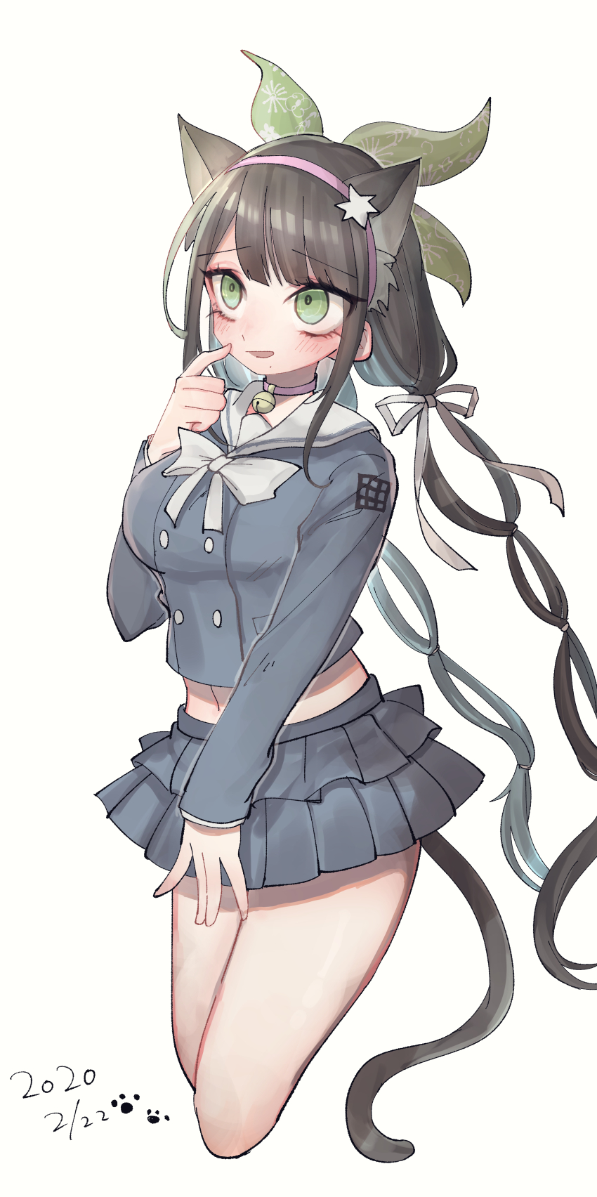 1girl, absurdres, animal_ears, bell, black_hair, blush, bow, bowtie, breasts, cat_ears, cat_girl, cat_tail, chabashira_tenko, choker, commentary_request, cropped_legs, danganronpa_(series), danganronpa_v3:_killing_harmony, dated, eyelashes, finger_to_cheek, green_eyes, hair_ribbon, hairband, highres, jacket, layered_skirt, long_hair, long_sleeves, low_twintails, miska_(roromu32936), mole, mole_under_mouth, navel, neck_bell, open_mouth, pink_choker, pink_hairband, pleated_skirt, ribbon, sailor_collar, school_uniform, shirt, skirt, smile, solo, tail, thighs, twintails, very_long_hair, white_background, white_bow, white_bowtie