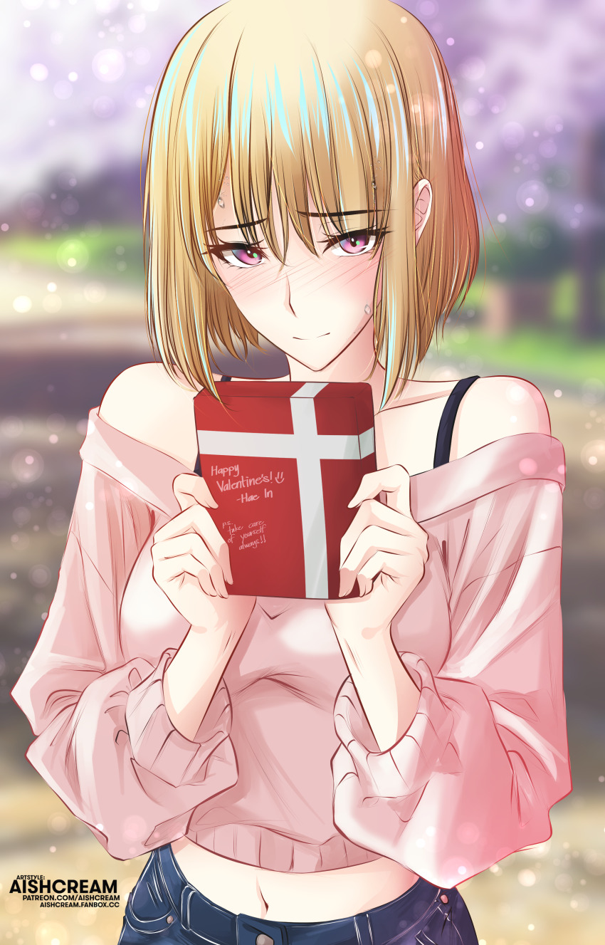 1girl, absurdres, aishcream24, artist_name, blonde_hair, blue_pants, blurry, blurry_background