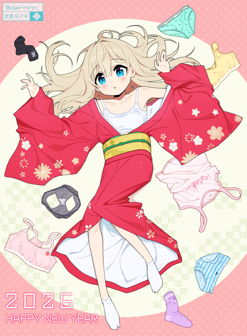 1girl, 2025, :o, aqua_panties, artist_name, black_panties, black_socks, blonde_hair, blue_bow, blue_eyes, blue_panties, blush, bow, bow_panties, bra, breasts, camisole, camisole_writing, clothes_writing, collarbone, commentary_request, dairininn, floral_kimono, floral_print, floral_print_kimono, flower_kimono, flower_print, flower_print_kimono, food_print, fruit_print, full_body, grey_panties, hair_spread_out, hands_up, happy_new_year, heart, heart_panties, heart_print, highres, japanese_clothes, kimono, loli, long_hair, long_sleeves, lying, multiple_panties, new_year, no_shoes, obi, obijime, on_back, open_clothes, open_kimono, open_mouth, original, panties, panty_writing, pink_background, pink_bra, pink_camisole, pink_kimono, pink_trim, polka_dot, polka_dot_background, polka_dot_bra, polka_dot_panties, print_bra, print_kimono, print_panties, print_socks, purple_socks, red_kimono, sash, shirt_writing, small_breasts, sock_writing, socks, solo, strawberry_bra, strawberry_print, striped_clothes, striped_panties, tabi, tag, training_bra, underwear, unworn_bra, unworn_camisole, unworn_panties, unworn_socks, unworn_underwear, white_bra, white_socks, white_trim, wide_sleeves, yellow_bra