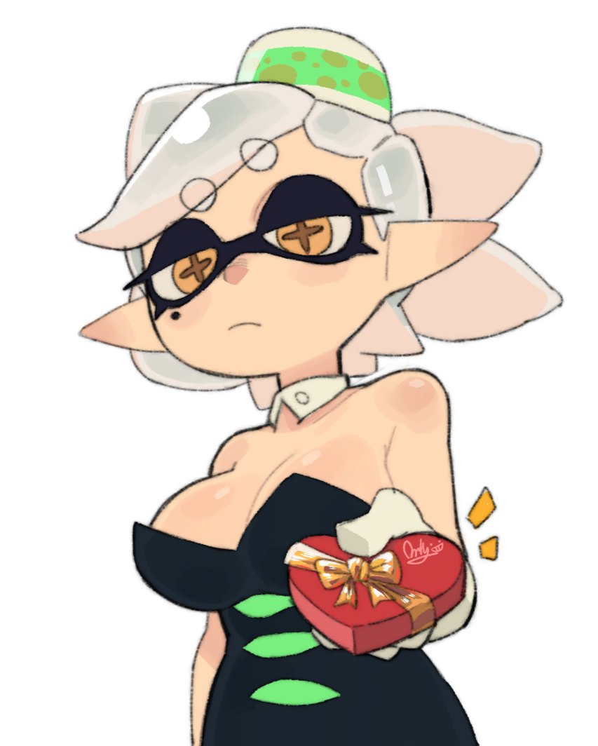 1girl, bare_shoulders, black_dress, bow-shaped_hair, box, breasts, cleavage, collar