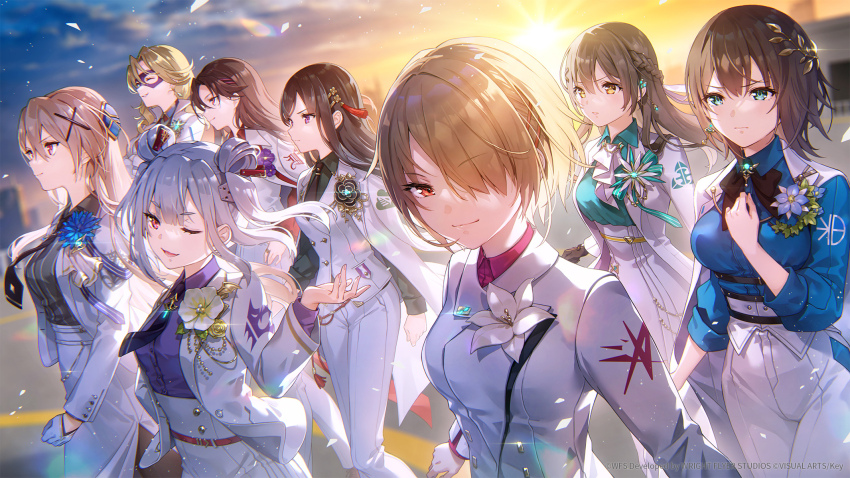 6+girls, aoi_erika, aoi_erika_(connect_legacy), black_hair, blonde_hair, breasts, brown_hair, carole_reaper, carole_reaper_(have_no_fear!_i'm_a_hero!), double_bun, eye_mask, hair_between_eyes, hair_bun, hair_ornament, hair_over_one_eye, hairclip, heaven_burns_red, highres, jacket, kayamori_ruka, kayamori_ruka_(glorious_blades), large_breasts, long_hair, mask, medium_breasts, medium_hair, multiple_girls, nikaidou_misato, nikaidou_misato_(lead_by_example), official_alternate_costume, official_art, ooshima_ichiko, ooshima_ichiko_(guiding_lucent), outdoors, pants, parted_bangs, purple_eyes, red_eyes, shirakawa_yuina, shirakawa_yuina_(dusk_blooming_spica), short_hair, sidelocks, small_breasts, tassel, tassel_hair_ornament, twintails, two_side_up, white_hair, white_jacket, white_pants, yamawaki_bon_ivar, yamawaki_bon_ivar_(blue_sky_beyond_the_clouds), yanagi_mion, yanagi_mion_(scent_of_the_night_melody_of_the_roses), yellow_eyes