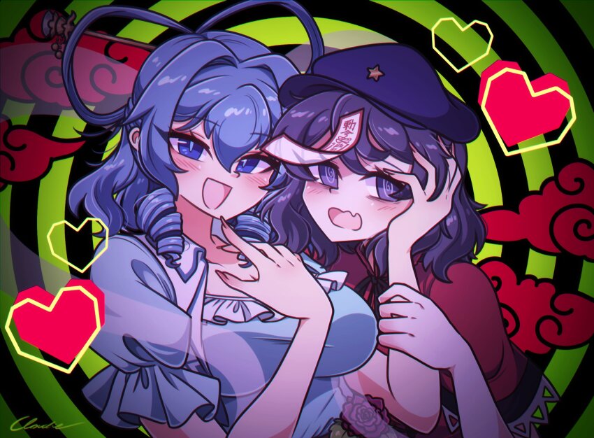 2girls, @_@, akatsuki_records, artist_name, black_ribbon, blue_dress, blue_eyes, blue_hair, blush, bow-shaped_hair, breasts, chinese_clothes, cloud, collared_vest, dress, drill_hair, fang, fingernails, flower, frills, green_background, hair_between_eyes, hair_ornament, hair_stick, hand_on_another's_face, hands_up, hat, hat_ornament, heart, highres, kaku_seiga, large_breasts, leaf, littlecloudie, long_fingernails, looking_at_viewer, mandarin_collar, miyako_yoshika, multiple_girls, neck_ribbon, necromantic, open_clothes, open_mouth, open_vest, puffy_short_sleeves, puffy_sleeves, purple_eyes, purple_hair, purple_hat, red_flower, red_shirt, ribbon, shirt, short_hair, short_sleeves, skin_fang, smile, star_(symbol), star_hat_ornament, striped_background, talisman, touhou, upper_body, vest, visor_cap, white_vest, wing_collar