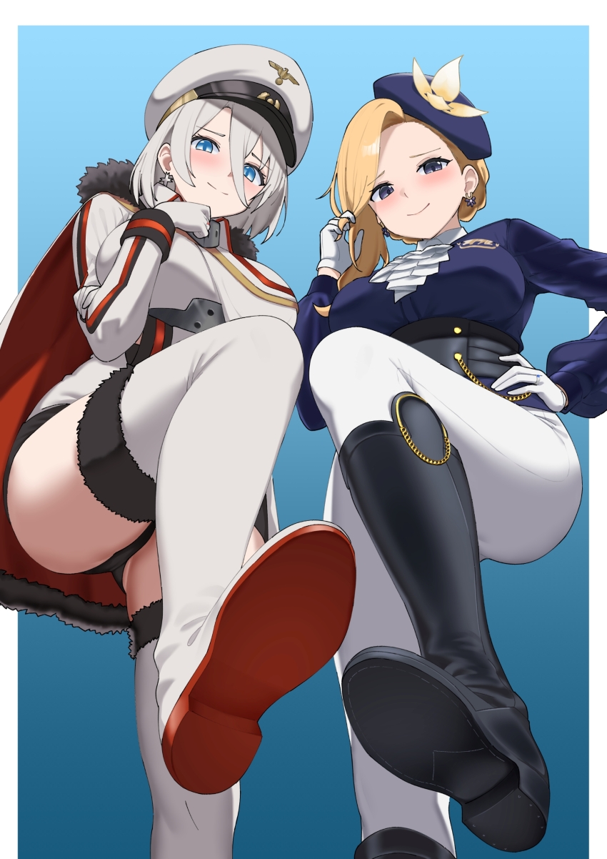 2girls, absurdres, arm_under_breasts, azur_lane, black_boots, black_panties, blonde_hair, blue_background