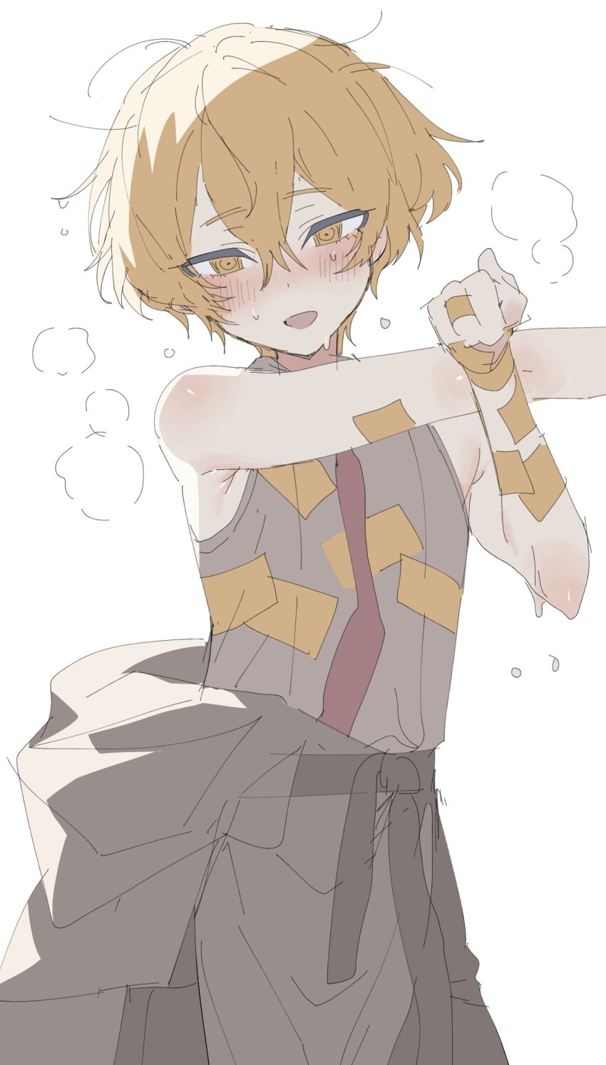 1boy, armpit_peek, bad_id, bad_twitter_id, blonde_hair, blush, cross-body_stretch, e.g.o_(project_moon)