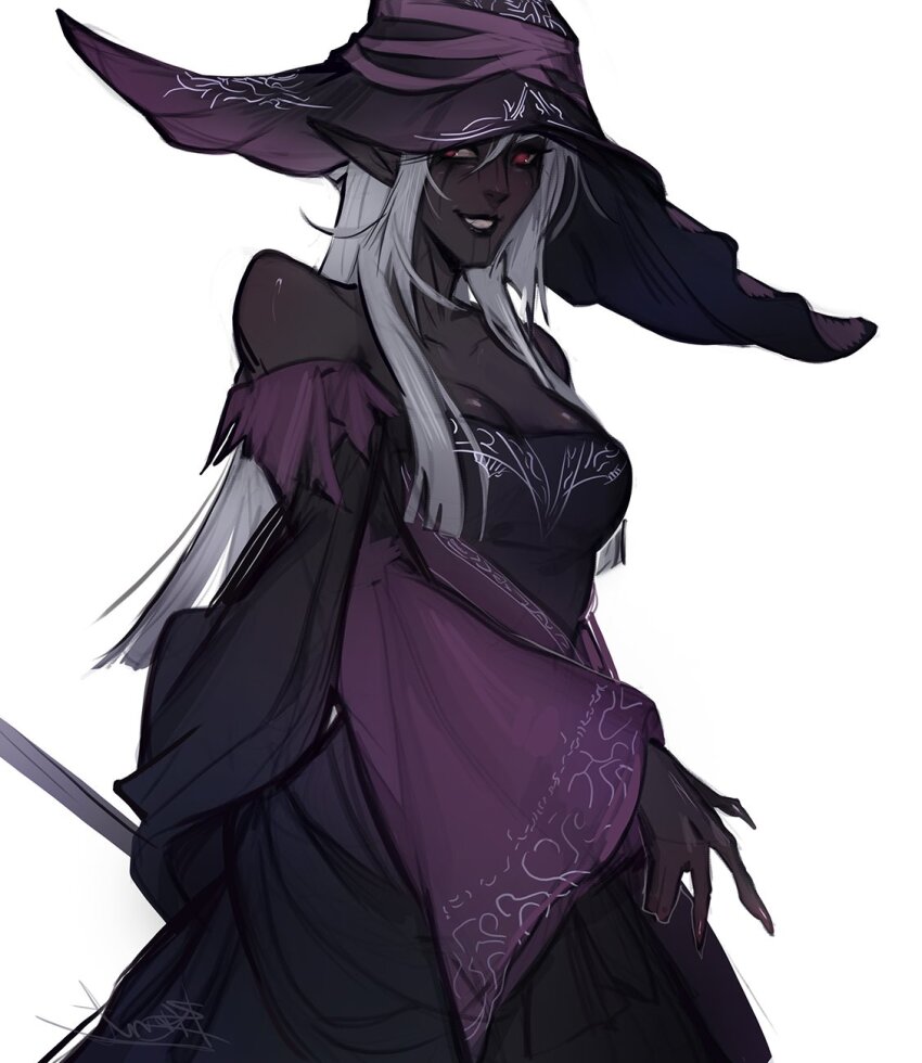 1girl, birmit, black_dress, black_hat, breasts, cleavage, collarbone, commentary, cosplay, dark-skinned_female, dark_elf, dark_skin, dress, elden_ring, elden_ring_nightreign, elf, english_commentary, grin, hat, highres, large_hat, long_hair, looking_at_viewer, medium_breasts, off_shoulder, original, parted_lips, pointy_ears, purple_sleeves, recluse_(elden_ring), recluse_(elden_ring)_(cosplay), red_eyes, signature, simple_background, smile, solo, white_background, white_hair, wide_sleeves, witch_hat