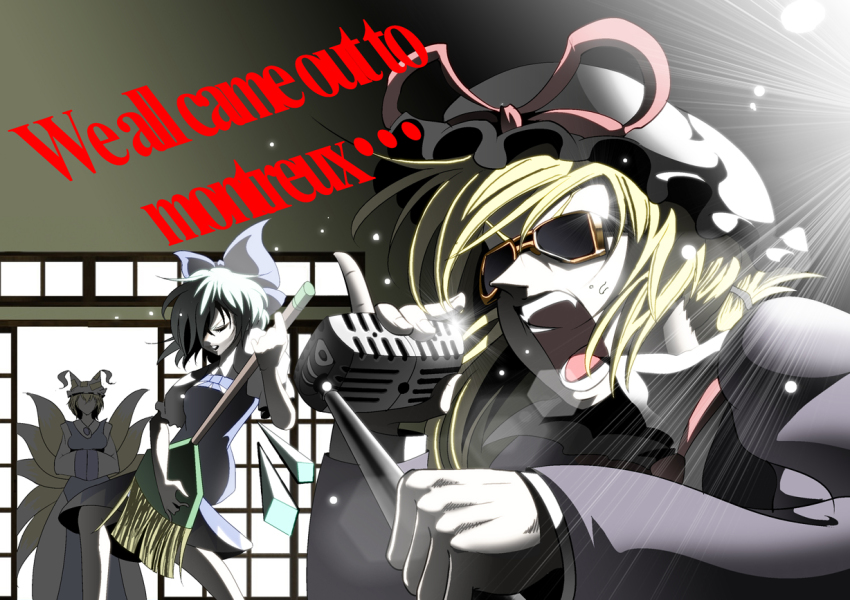 3girls, blonde_hair, bow, broom, cirno, closed_eyes, crystal, deep_purple