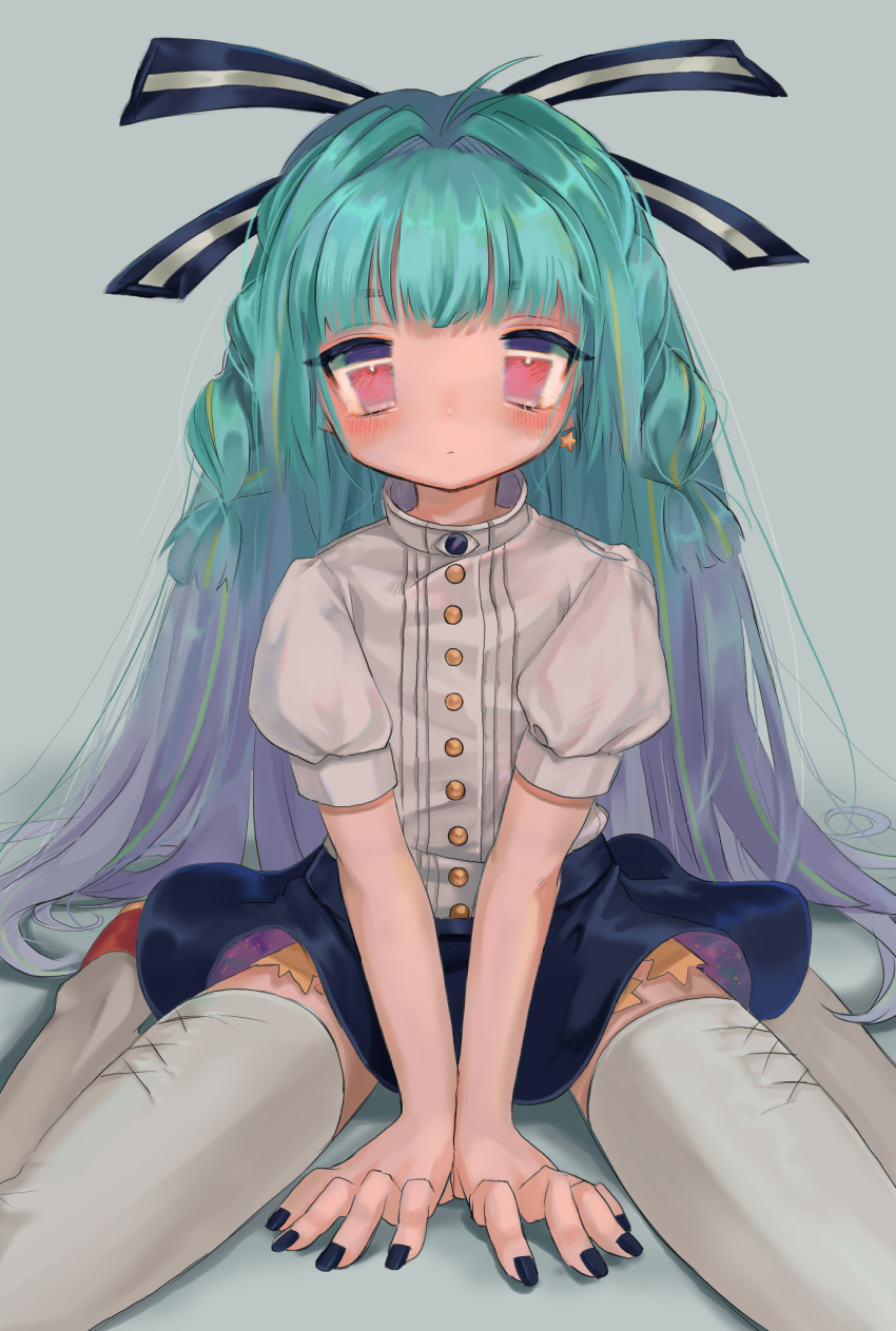1girl, :|, aqua_hair, between_legs, black_nails, black_ribbon, black_skirt, blunt_bangs