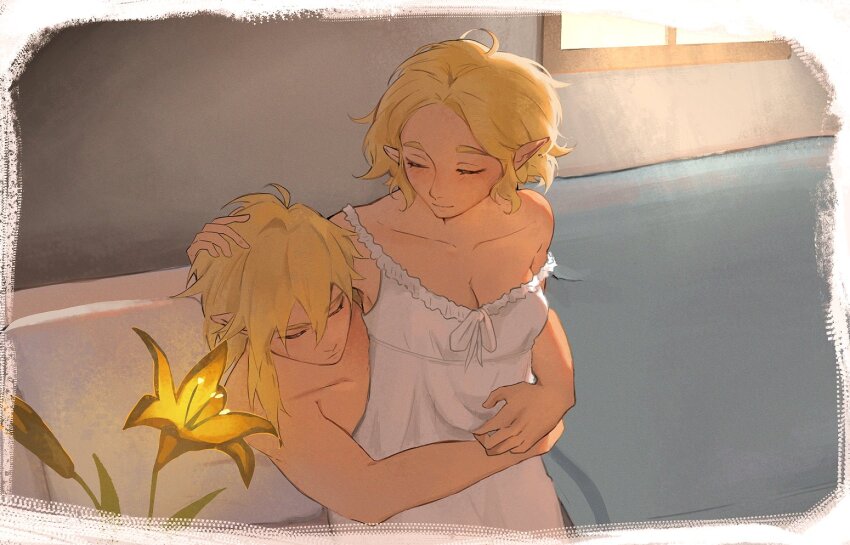 1boy, 1girl, bed, breasts, cleavage, closed_eyes, couple, flower