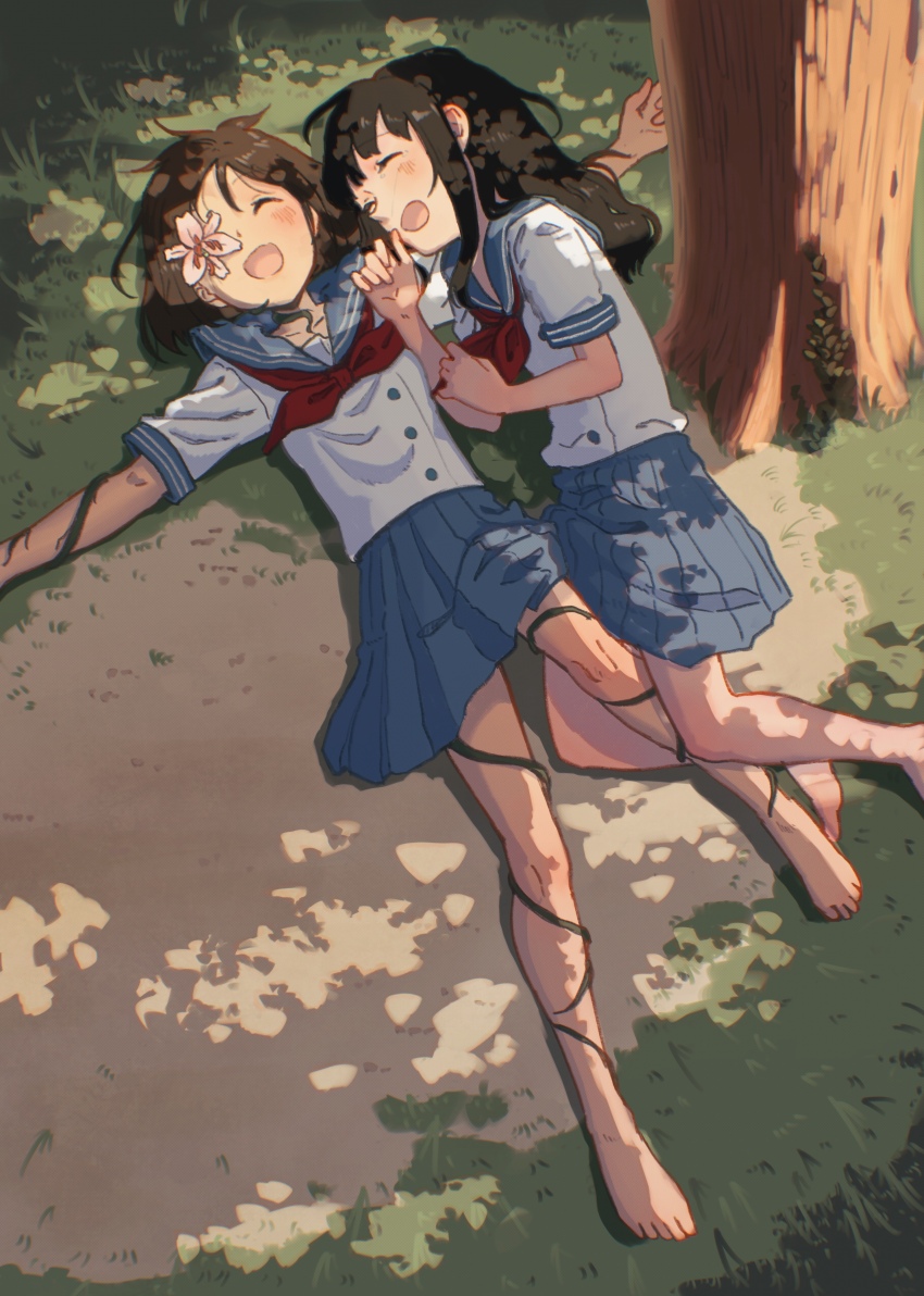 :d, absurdres, bare_legs, barefoot, black_hair, blue_sailor_collar, blue_skirt, blush